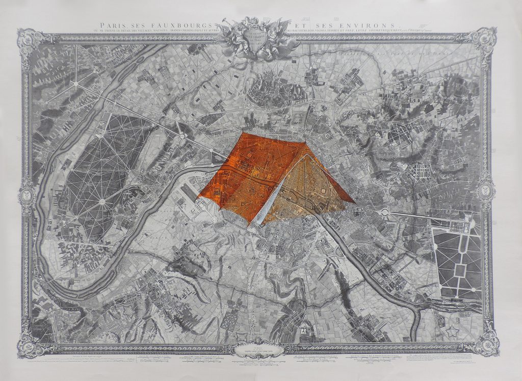 MANZIL I, encre, aquarelle et gouache sur papier imprimé, 111 x 167 cm, 2018