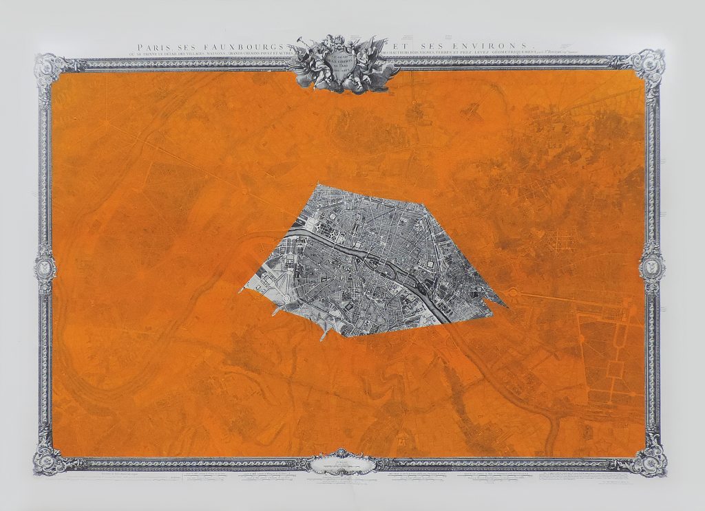 MANZIL II, encre, gouache et graphite sur papier imprimé, 111 x 167 cm, 2018
